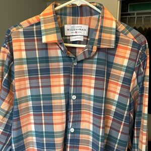 Mizzen+Main Mens XL Trim Leeward Blue Orange Checkered Dress Shirt Long Sleeve